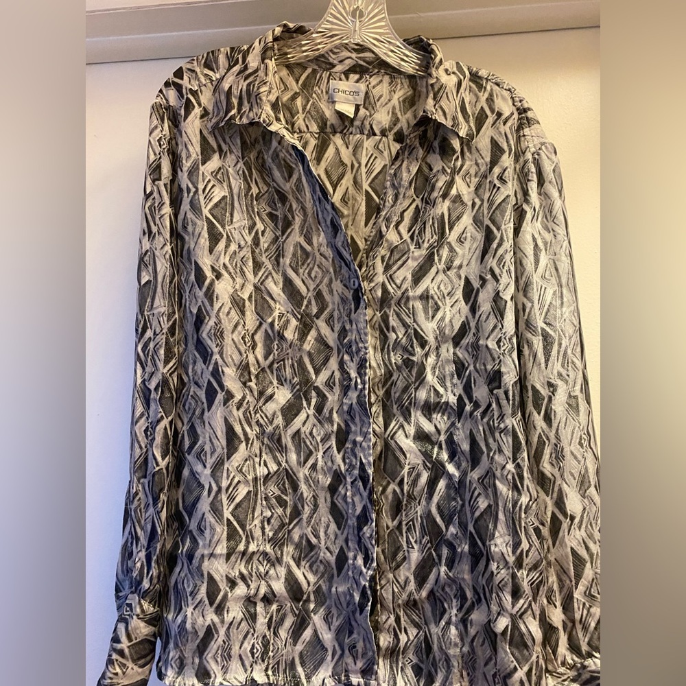 Chico's Gray/Silver Geometric Button Down Top, Si… - image 1